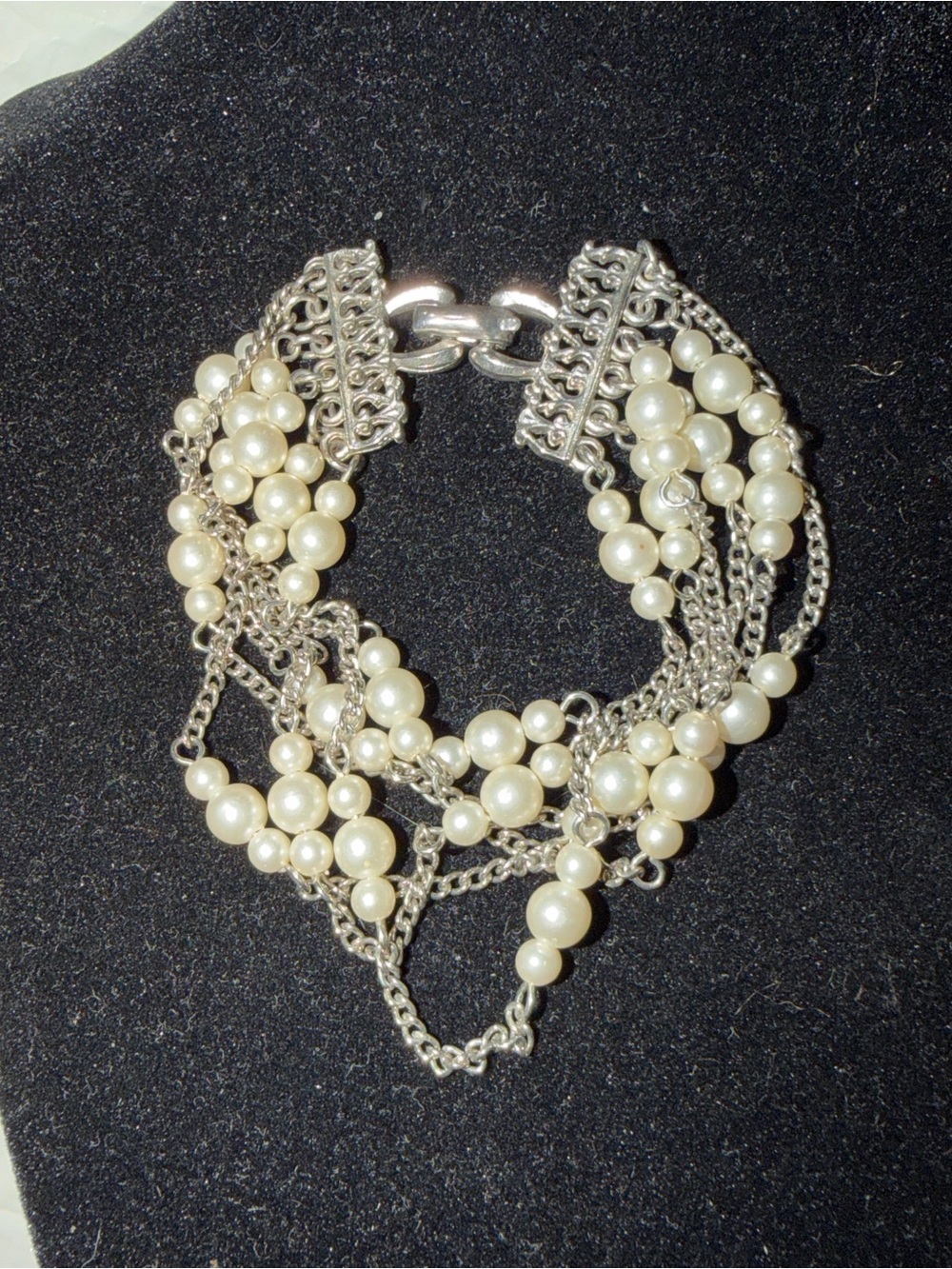 Vintage Coro Multi Strand Faux Pearl Silver Tone Chain Bracelet Filigree Signed